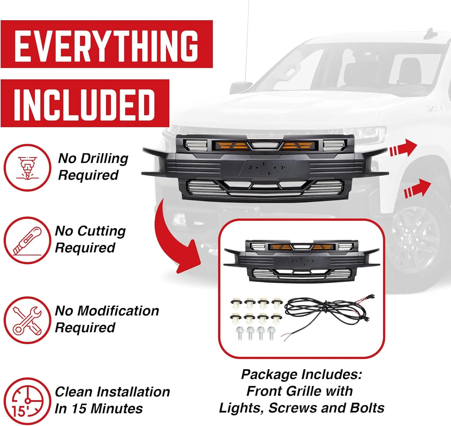 American Modified LED Armor Grille with Lights for 2019-2021 Chevy Silverado 1500, Matte Black