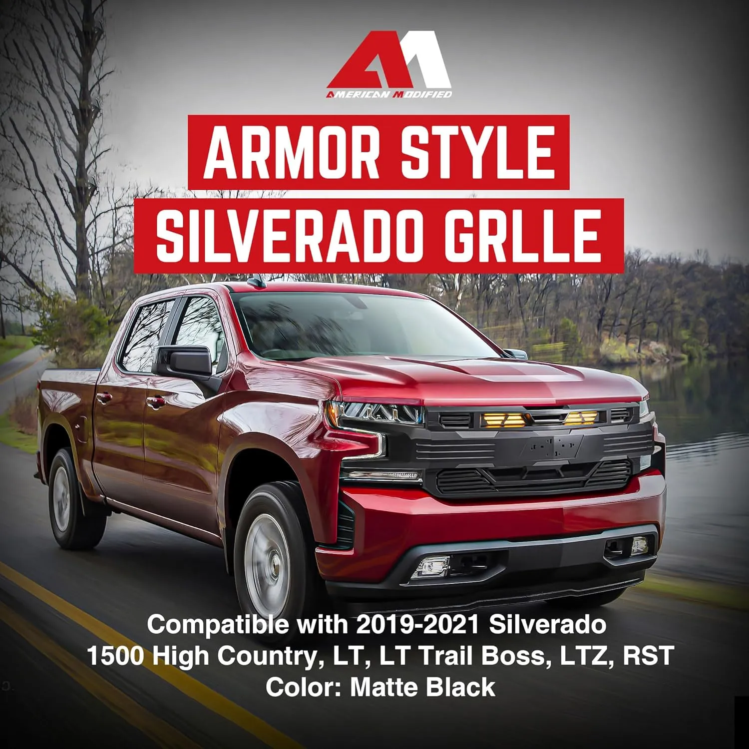 American Modified LED Armor Grille with Lights for 2019-2021 Chevy Silverado 1500, Matte Black