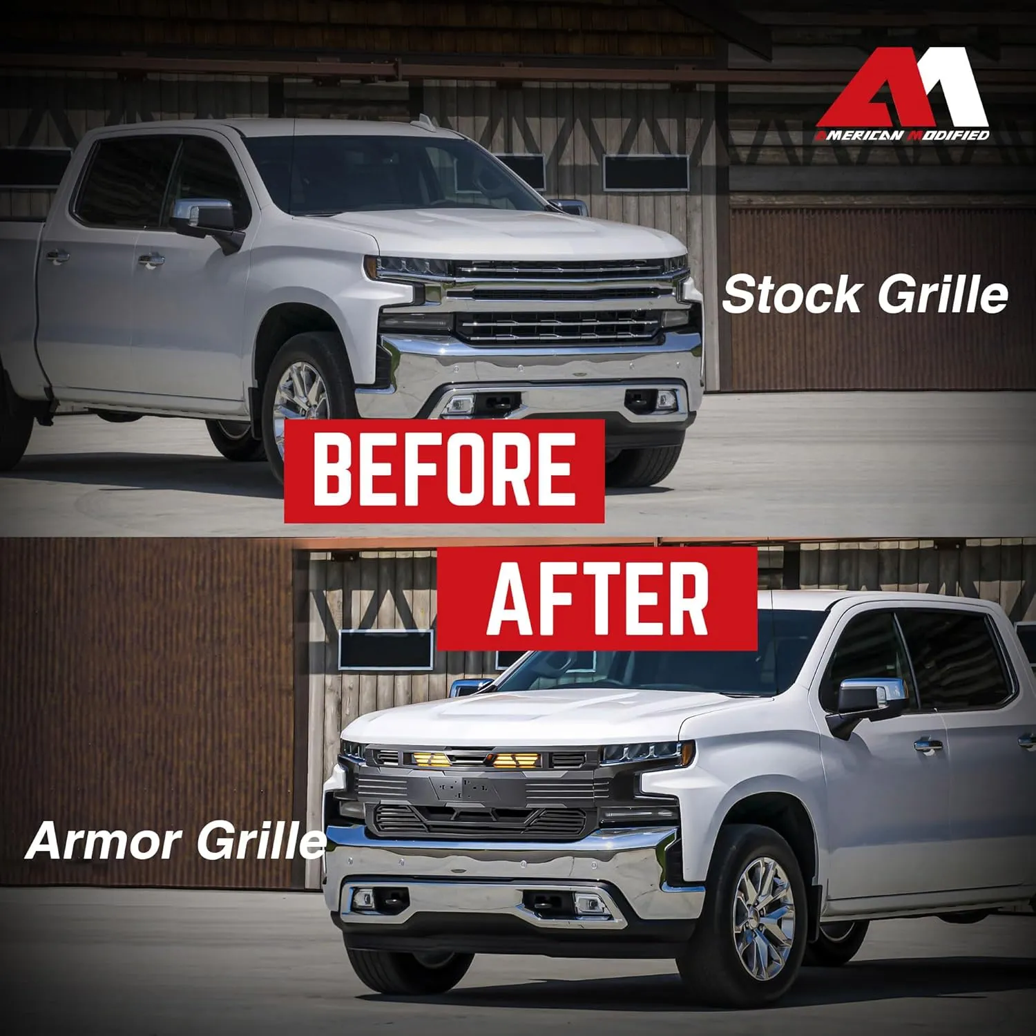 American Modified LED Armor Grille with Lights for 2019-2021 Chevy Silverado 1500, Matte Black
