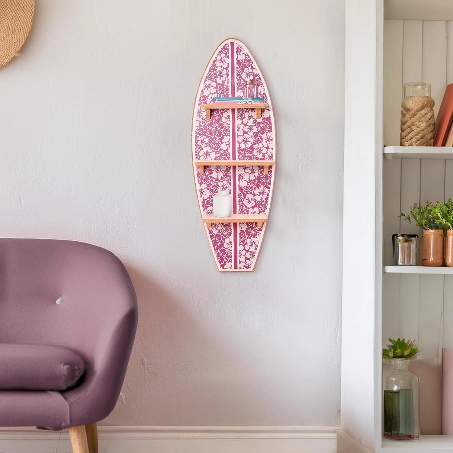 American Art Decor Reyn Spooner Biscus Bounth Earth Red Surfboard Printed Wall Shelf - 13" x 35"