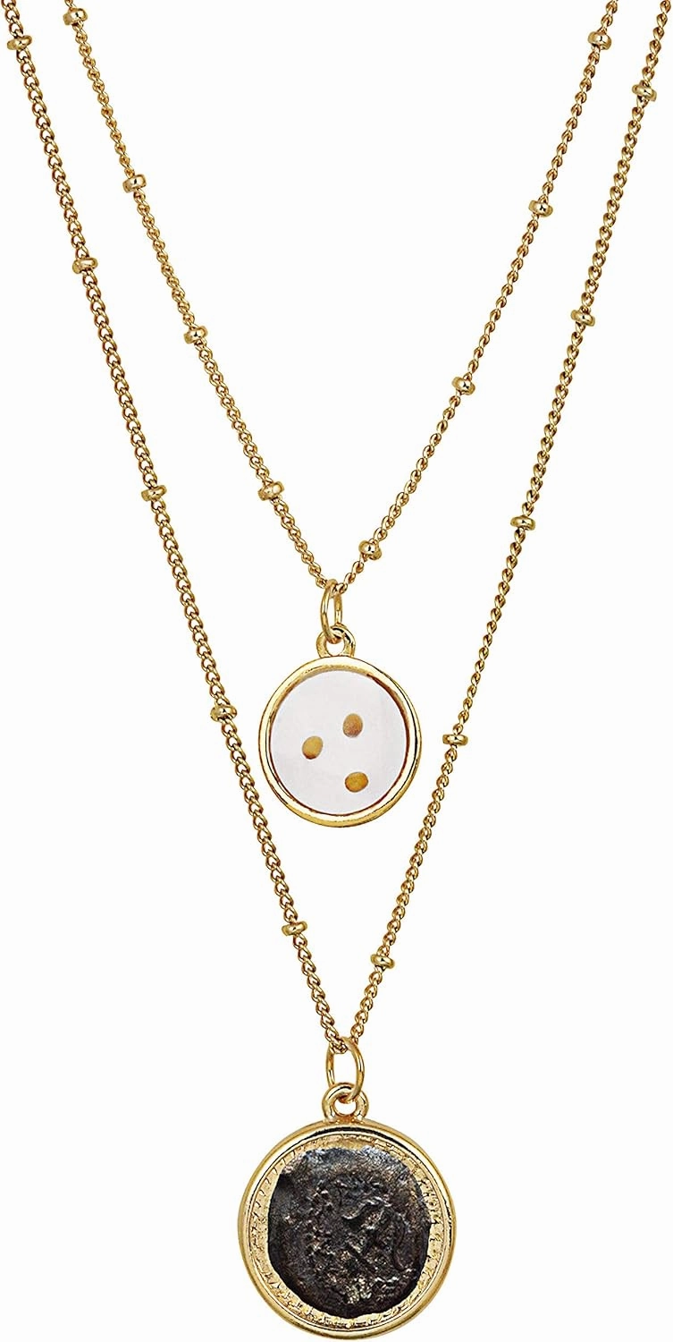 American Coin Treasures Double Chain Necklace Widow's Mite Coin Pendant with Mustard Seed Charm | Saturn Style 18 and 16 Inch Goldtone Chain | Certificate of Authenticity