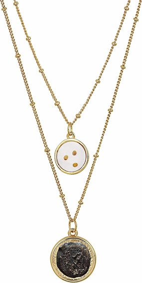 American Coin Treasures Double Chain Necklace Widow's Mite Coin Pendant with Mustard Seed Charm | Saturn Style 18 and 16 Inch Goldtone Chain | Certificate of Authenticity