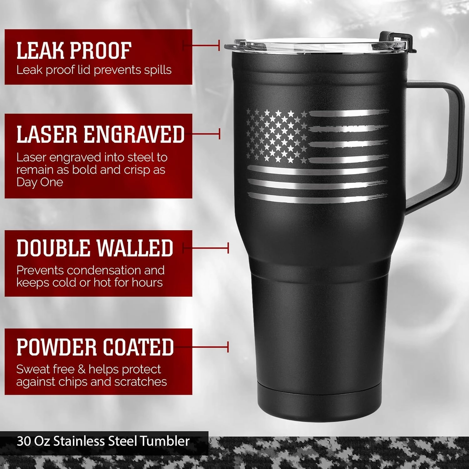 American Flag 30oz Stainless Steel Tumbler with Handle - Double Wall Vacuum Insulated Coffee Mug for Cold and Hot Drinks - Flag 30oz Handle Tumbler