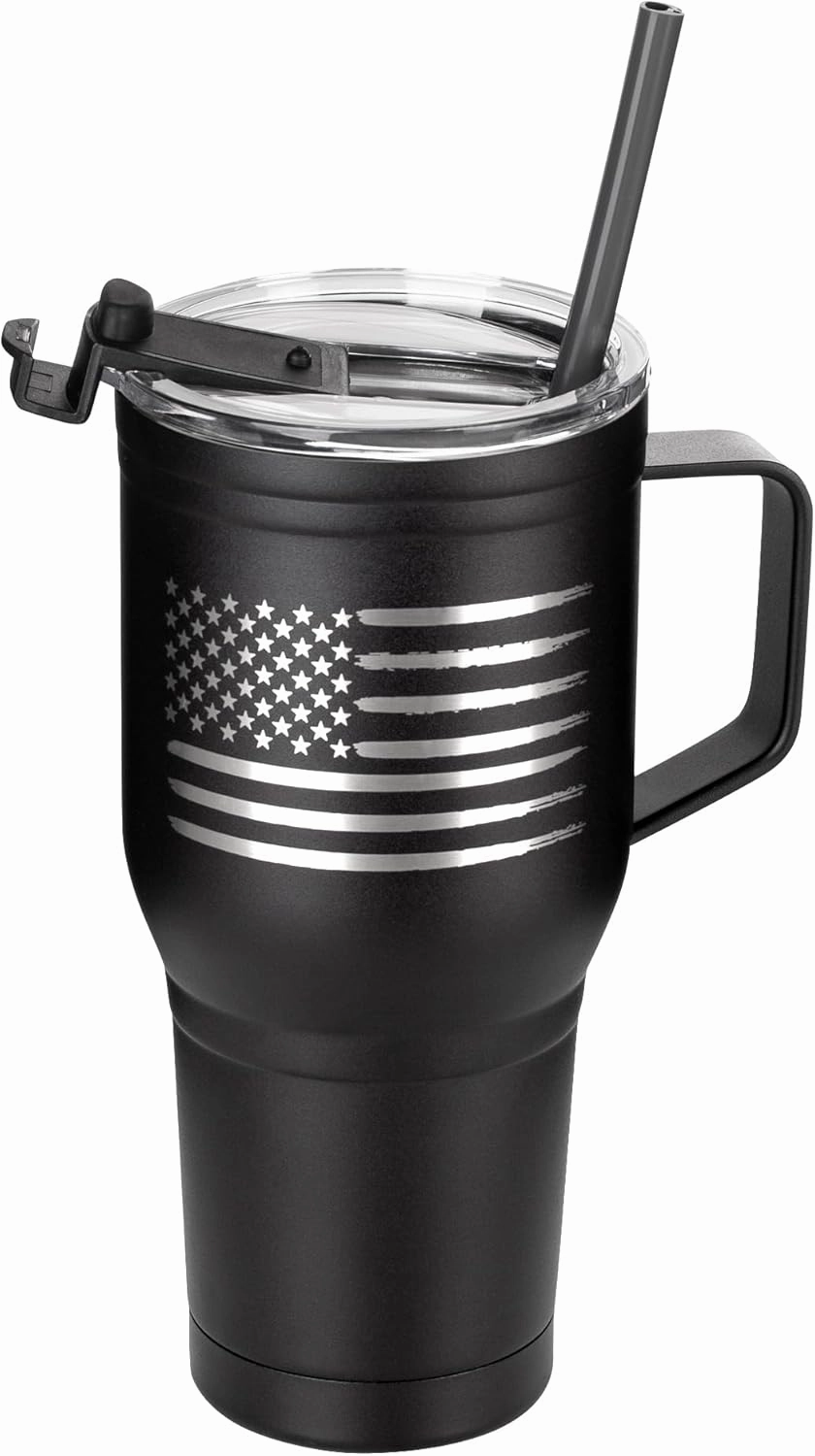 American Flag 30oz Stainless Steel Tumbler with Handle - Double Wall Vacuum Insulated Coffee Mug for Cold and Hot Drinks - Flag 30oz Handle Tumbler