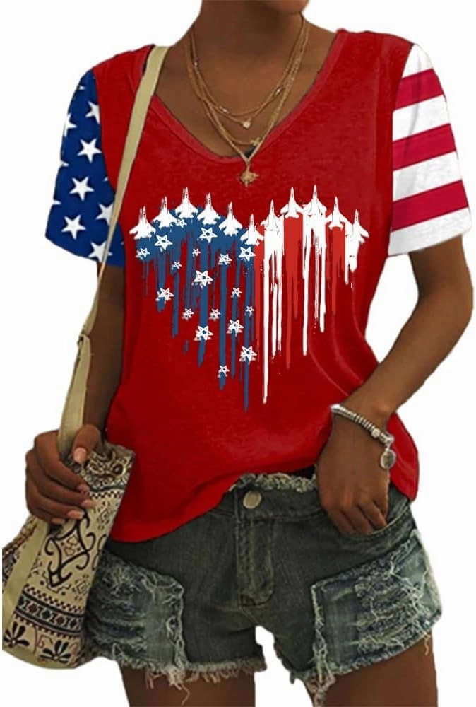 American Flag Fighter Jet Airplane Shirt 4th of July Plane Air Force Shirt Red White Blue Patriotic USA Flag Tops