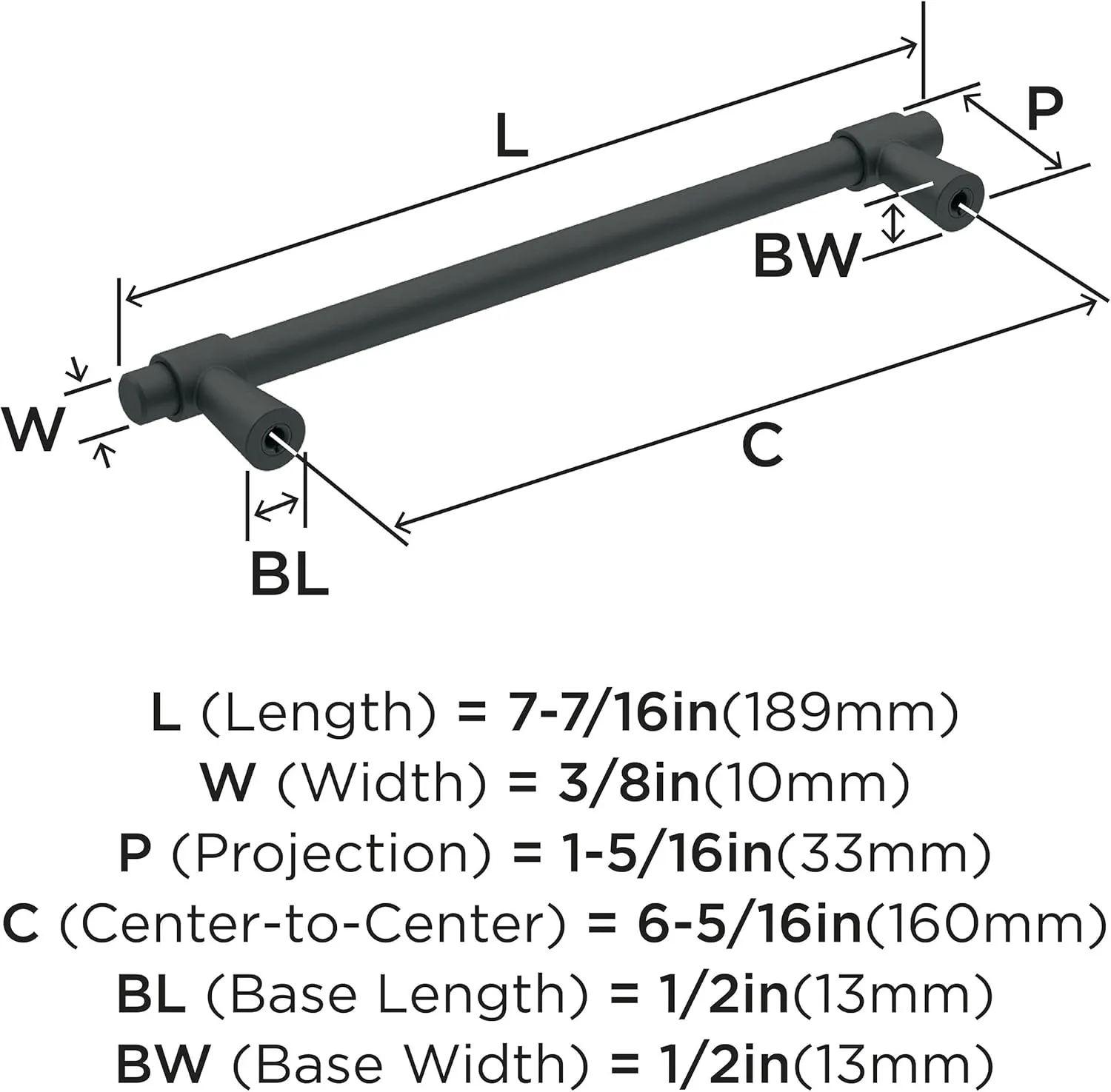 Amerock | Cabinet Pull | Matte Black | 6-5/16 inch (160 mm) Center-to-Center | Destine | 1 Pack | Drawer Pull | Cabinet Handle | Cabinet Hardware