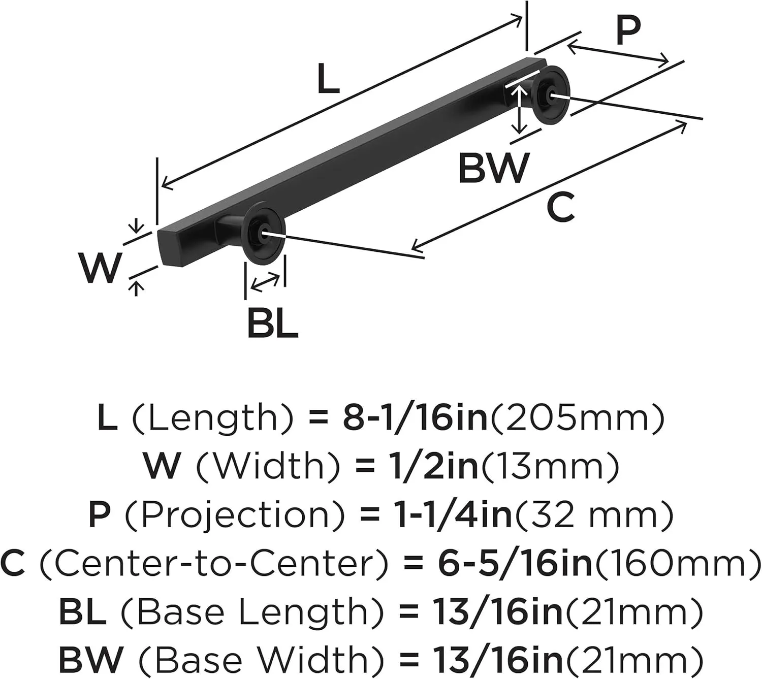 Amerock Corp BP37106MB Everett Pull, 6-5/16 in (160 mm) Center-to-Center, Matte Black