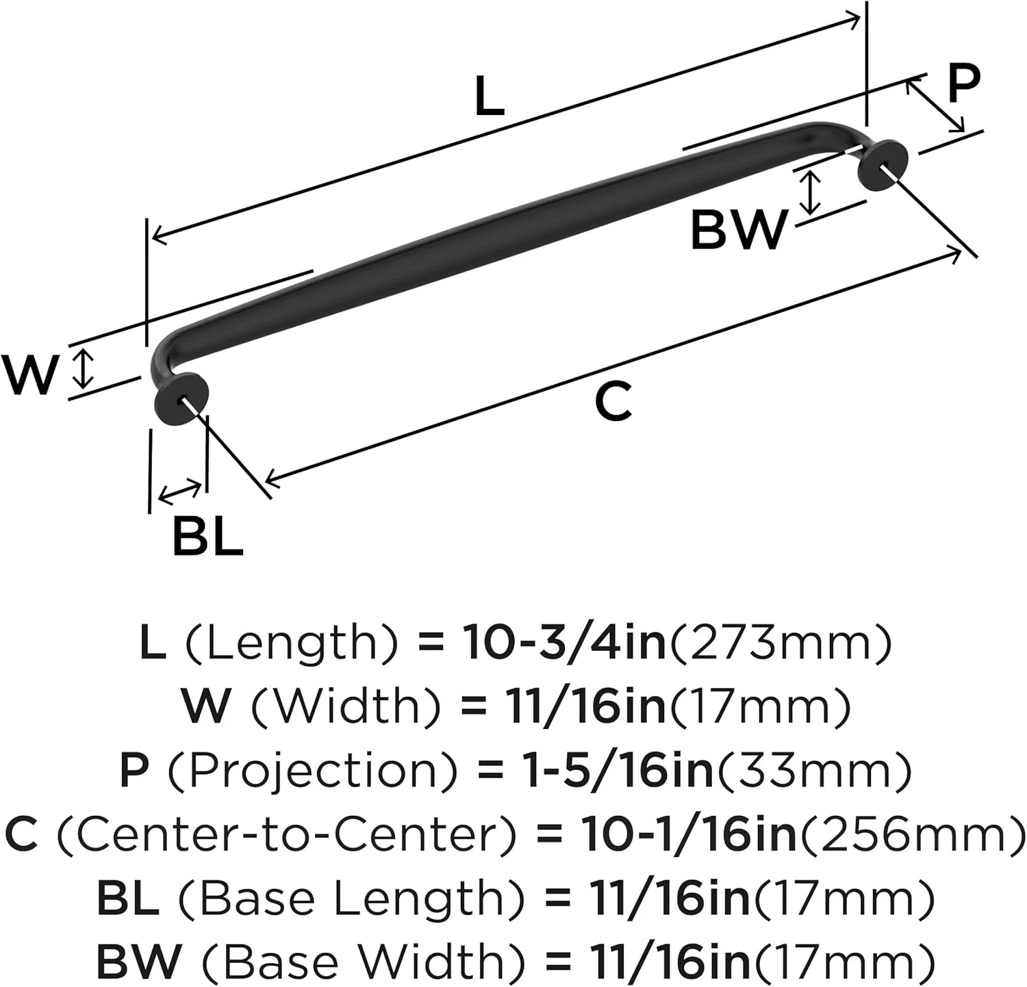 Amerock Renown 10-1/16 inch (256mm) Center-to-Center Matte Black Cabinet Pull, BP36988FB