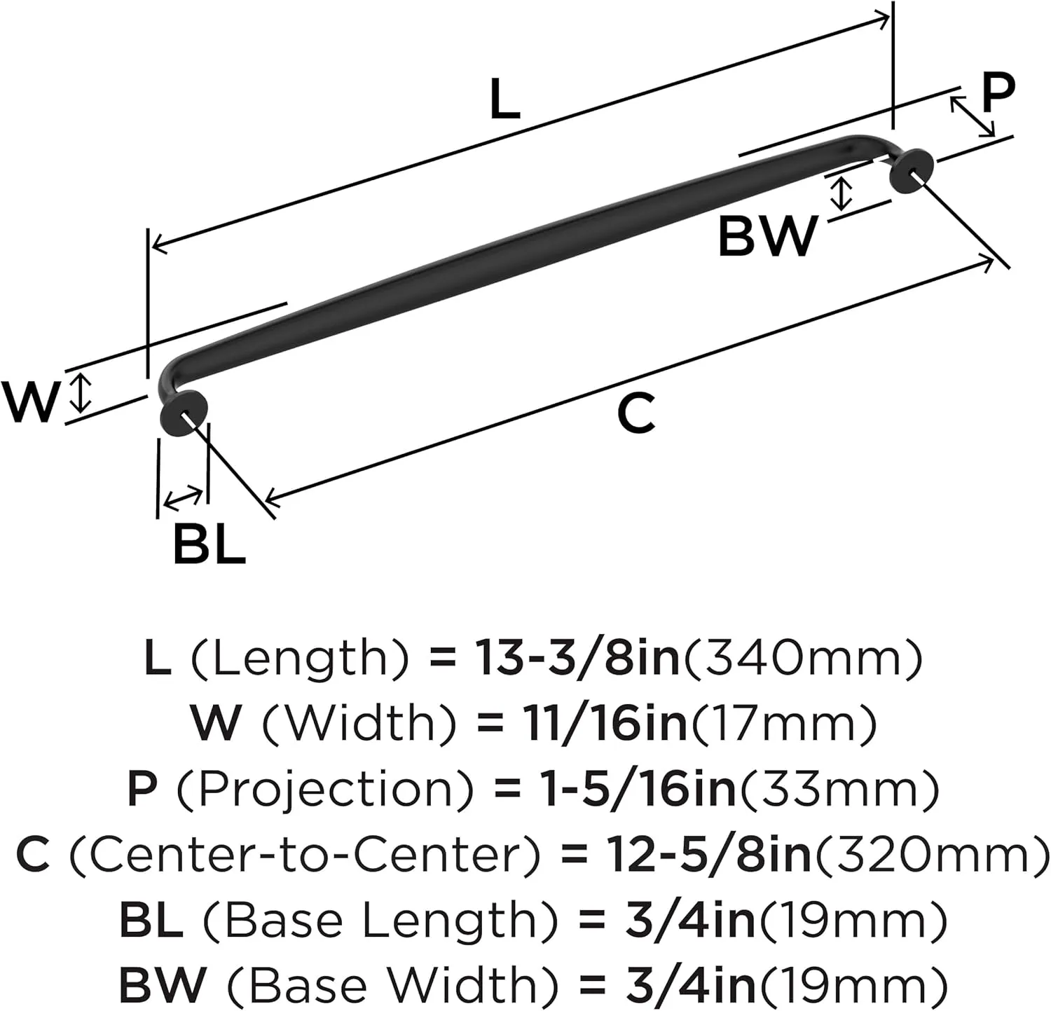 Amerock Renown 12-5/8 inch (320mm) Center-to-Center Matte Black Cabinet Pull, BP36989FB