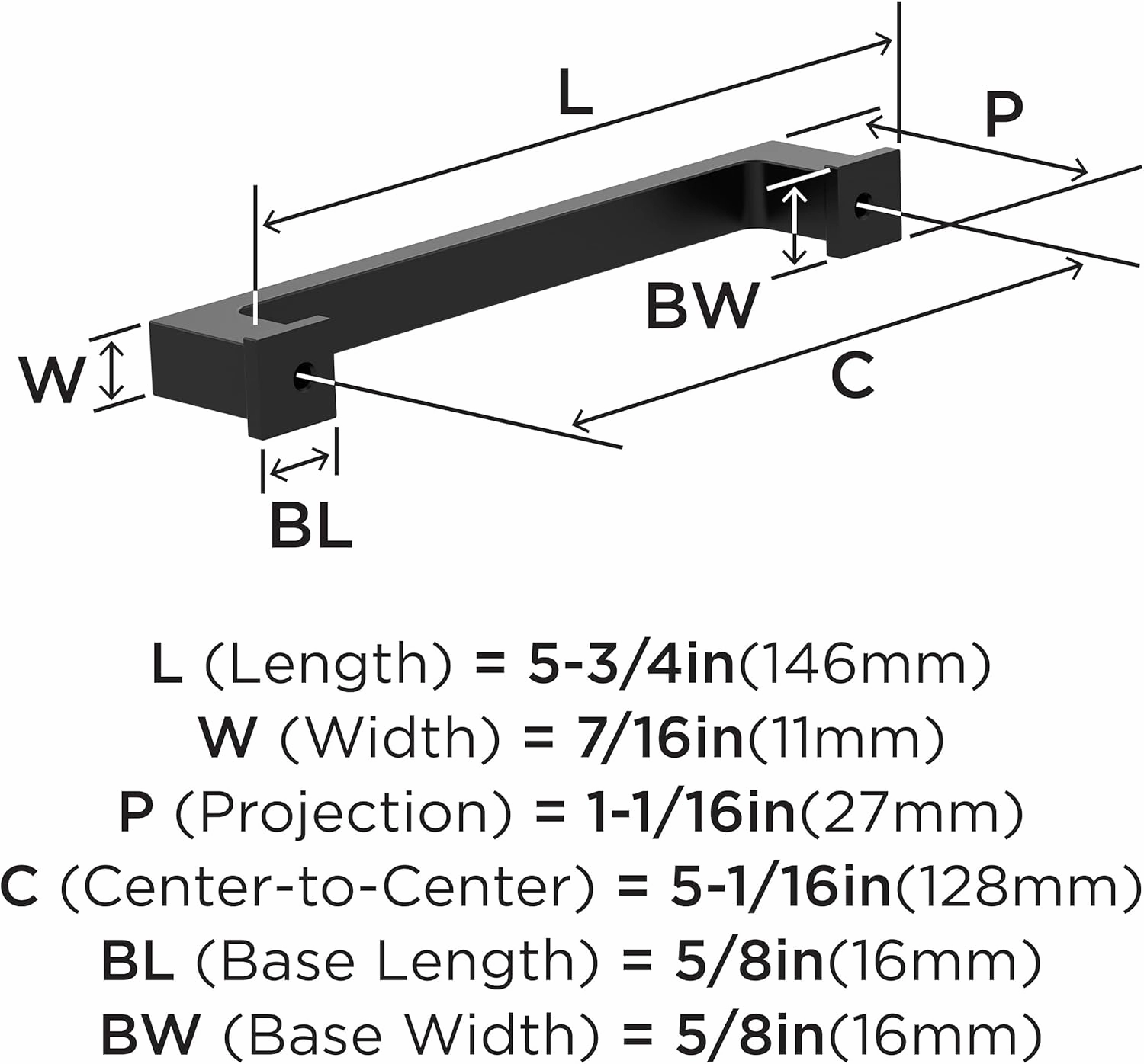 Amerock 10BX37032MB | Matte Black Cabinet Pull | 5-1/16 inch (128mm) Center-to-Center | 10 Pack | Bridgeport | Furniture Hardware
