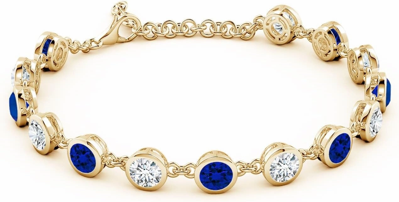 Angara Bezel-Set Round Lab Grown Blue Sapphire and Diamond Tennis Bracelet in 14K Solid Gold | Birthday, Engagement, Anniversary, Wedding Jewelry Gift for Women