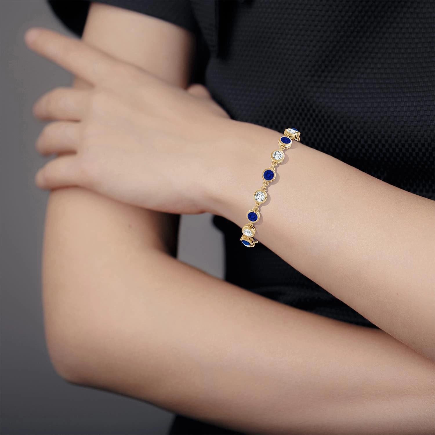 Angara Bezel-Set Round Lab Grown Blue Sapphire and Diamond Tennis Bracelet in 14K Solid Gold | Birthday, Engagement, Anniversary, Wedding Jewelry Gift for Women