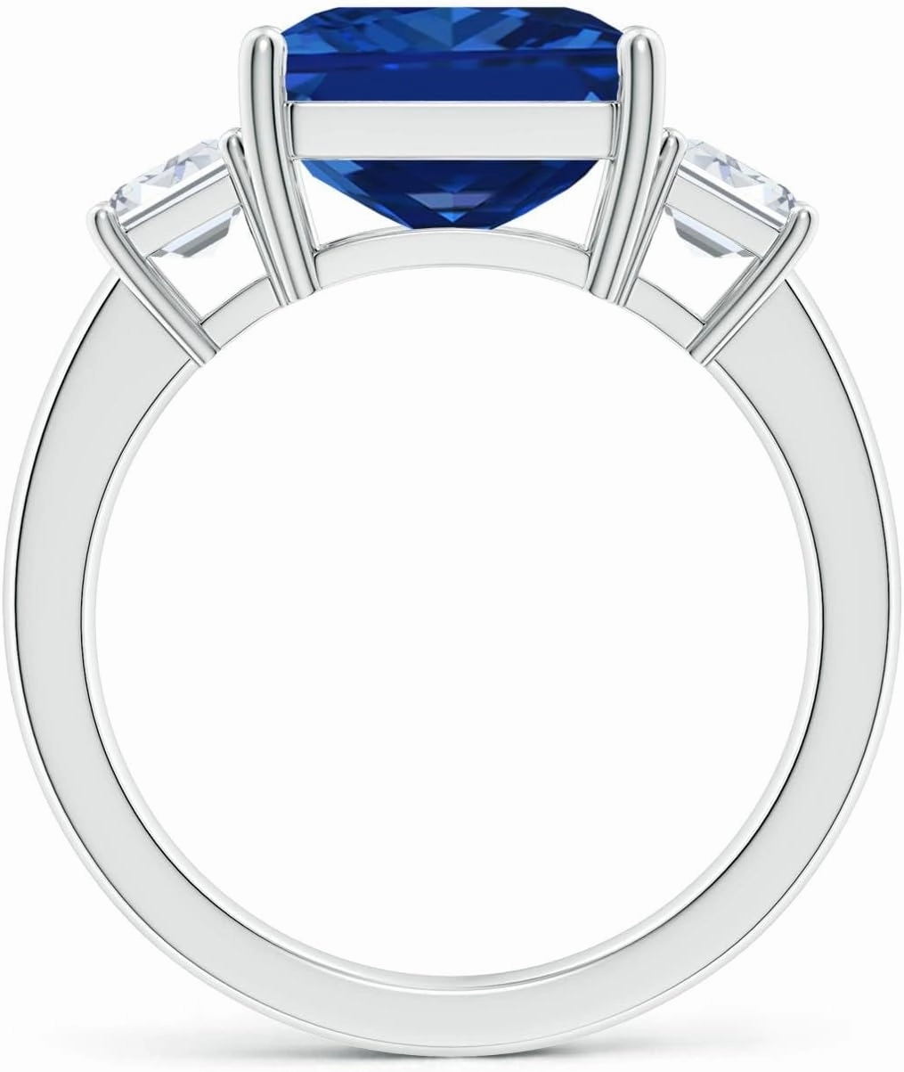 Angara Lab Grown Emerald-Cut Blue Sapphire and Lab Diamond Three Stone Ring in Silver / 14K Solid Gold/Platinum | September Birthstone, Birthday, Engagement, Anniversary Jewelry Gift for Women