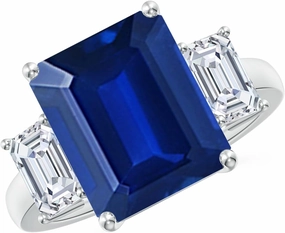 Angara Lab Grown Emerald-Cut Blue Sapphire and Lab Diamond Three Stone Ring in Silver / 14K Solid Gold/Platinum | September Birthstone, Birthday, Engagement, Anniversary Jewelry Gift for Women