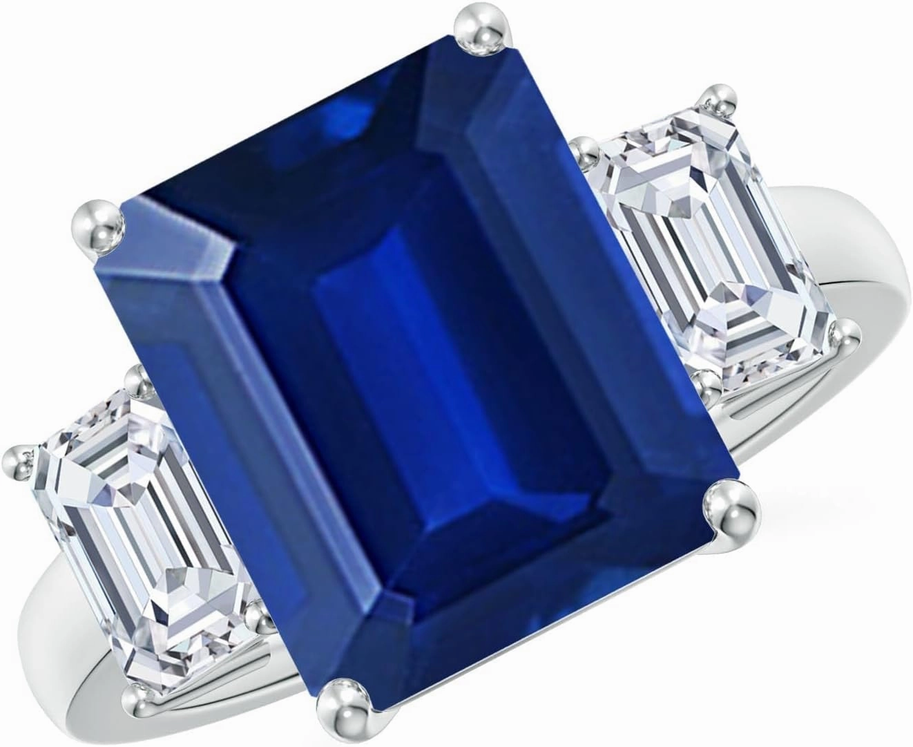 Angara Lab Grown Emerald-Cut Blue Sapphire and Lab Diamond Three Stone Ring in Silver / 14K Solid Gold/Platinum | September Birthstone, Birthday, Engagement, Anniversary Jewelry Gift for Women
