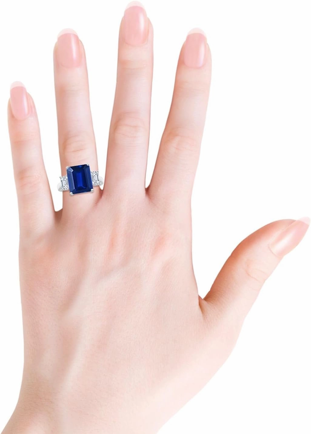 Angara Lab Grown Emerald-Cut Blue Sapphire and Lab Diamond Three Stone Ring in Silver / 14K Solid Gold/Platinum | September Birthstone, Birthday, Engagement, Anniversary Jewelry Gift for Women