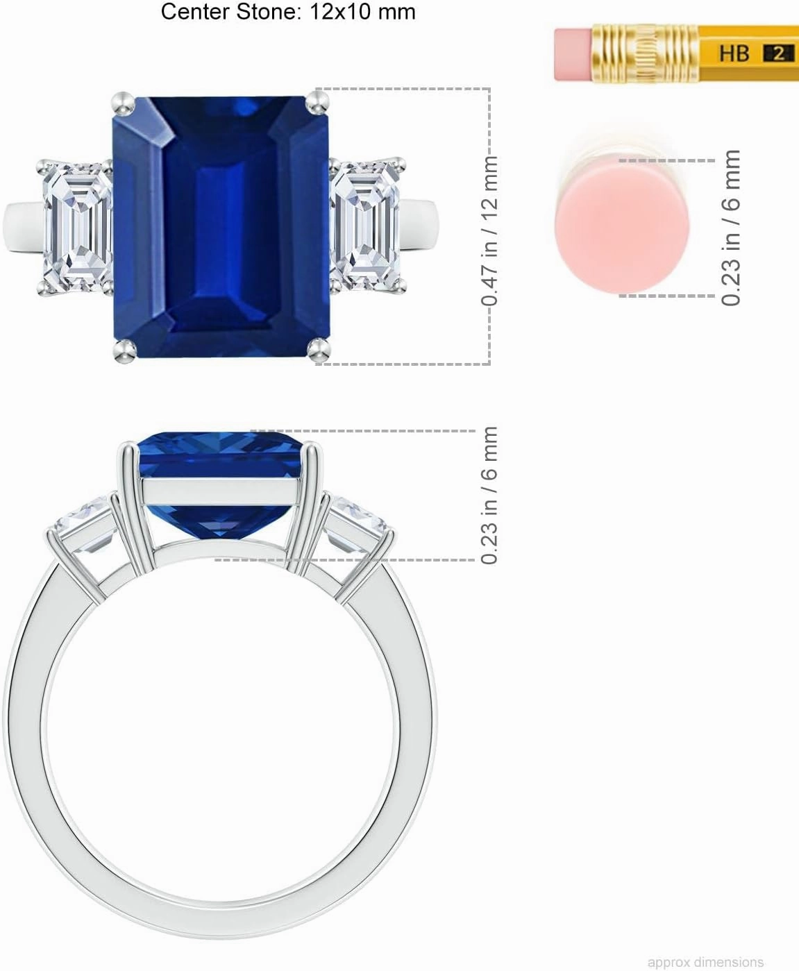 Angara Lab Grown Emerald-Cut Blue Sapphire and Lab Diamond Three Stone Ring in Silver / 14K Solid Gold/Platinum | September Birthstone, Birthday, Engagement, Anniversary Jewelry Gift for Women