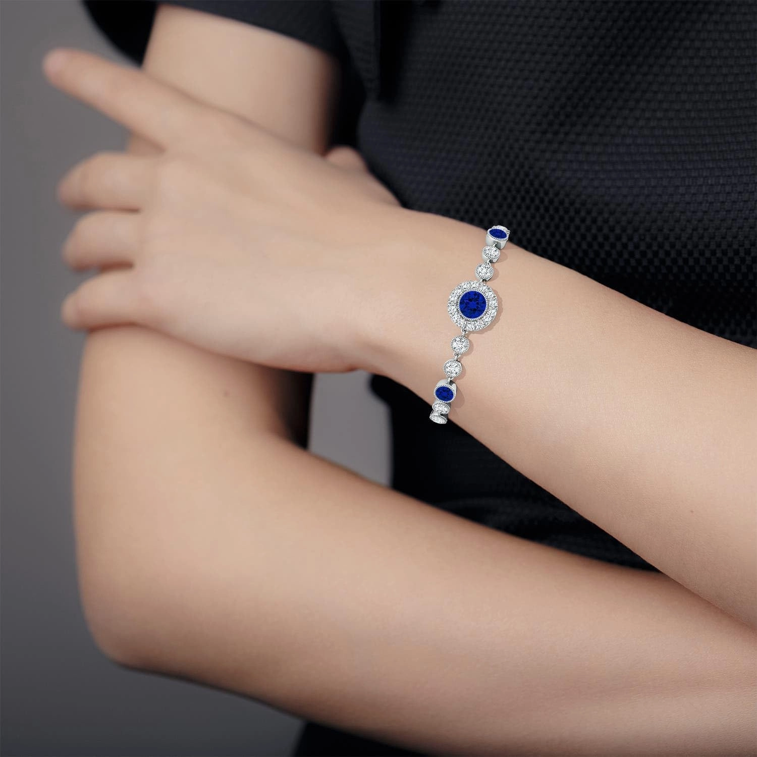 Angara Lab Grown Vintage Style Bezel-Set Sapphire and Lab Diamond Bracelet in 14K Solid Gold | Birthday, Engagement, Anniversary, Wedding Jewelry Gift for Women