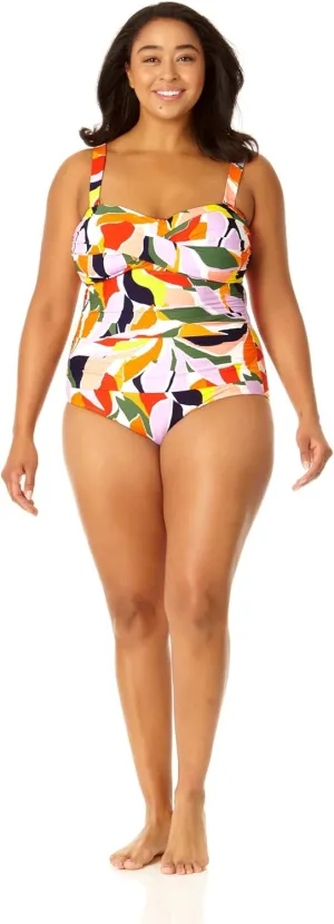 Anne Cole Plus Size Twist Front Shirred Bandeau One-Piece Multi 16W