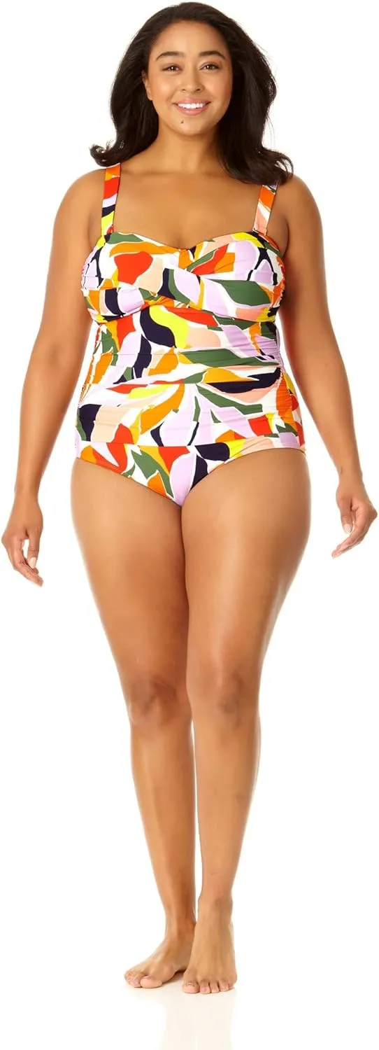 Anne Cole Plus Size Twist Front Shirred Bandeau One-Piece Multi 16W