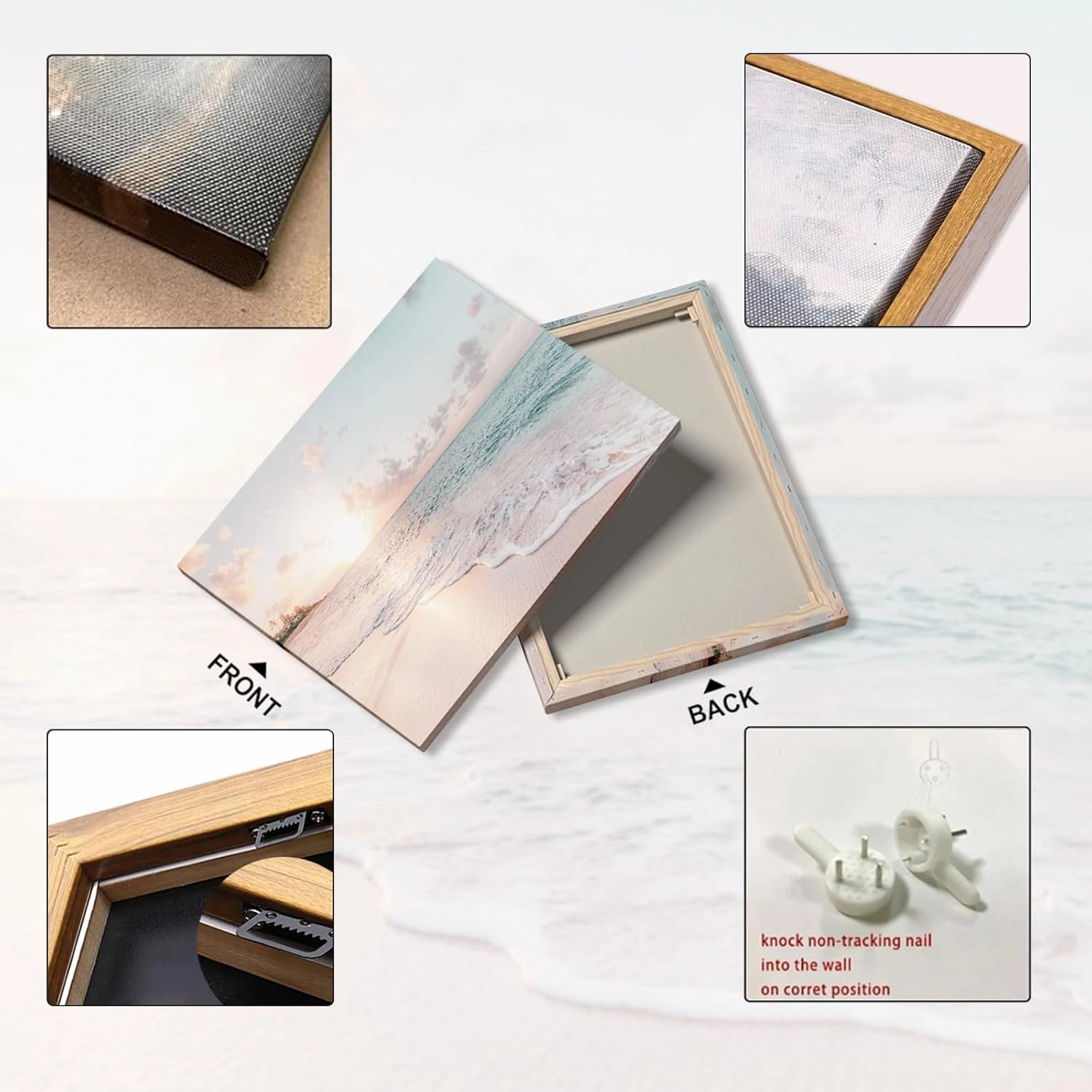 Aroutde Framed Beach Coastal Canvas Wall Art Coastal Sunset Picture Canvas Art Wall Decor for Bedroom Ocean Beach Pastel Golden Hour Framed Artwork for Living Room Bathroom Decor 18''x10''