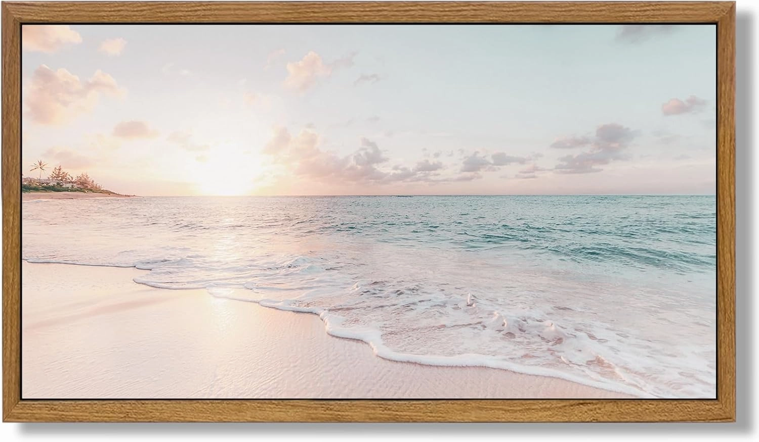 Aroutde Framed Beach Coastal Canvas Wall Art Coastal Sunset Picture Canvas Art Wall Decor for Bedroom Ocean Beach Pastel Golden Hour Framed Artwork for Living Room Bathroom Decor 18''x10''