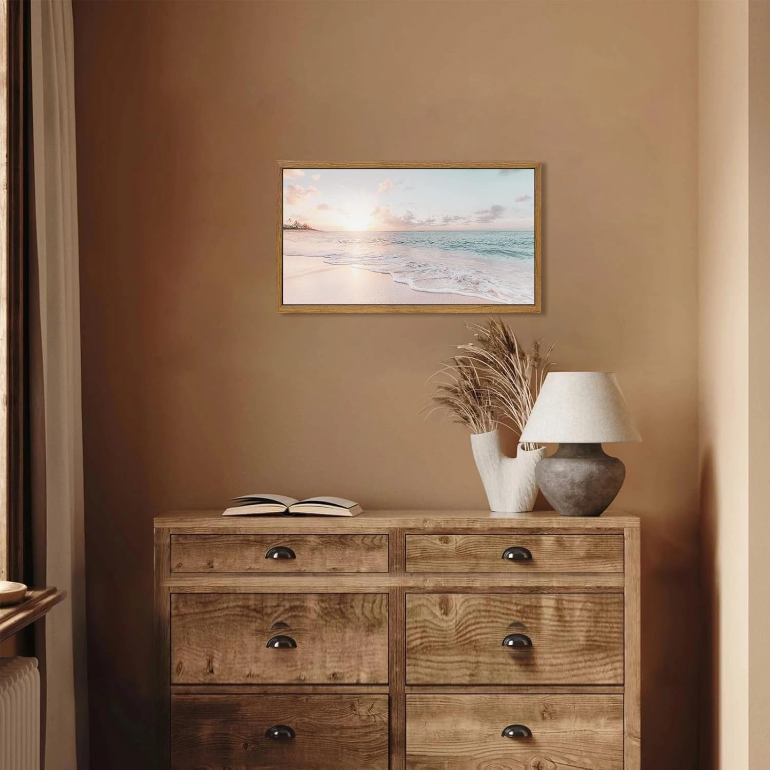 Aroutde Framed Beach Coastal Canvas Wall Art Coastal Sunset Picture Canvas Art Wall Decor for Bedroom Ocean Beach Pastel Golden Hour Framed Artwork for Living Room Bathroom Decor 18''x10''
