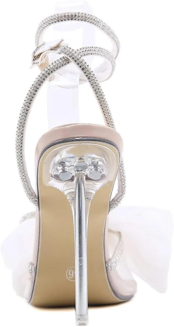 Arqa Pumps for Women Rhinestone Ankle Strap Sandals Clear Heel Satin Stiletto Dress Slingback Shoes