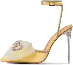 Arqa Pumps for Women Rhinestone Ankle Strap Sandals Clear Heel Satin Stiletto Dress Slingback Shoes