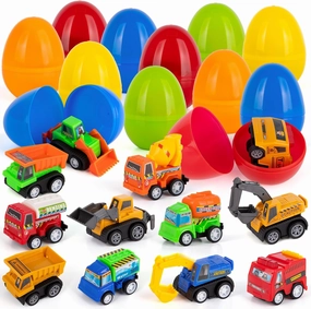 ArtCreativity Pre Filled Easter Eggs with Vehicles Inside - Set of 12 - Colorful Surprise Eggs for Kids with Pullback Construction Truck Toys - Easter Egg Hunt Supplies - Easter Basket Stuffers