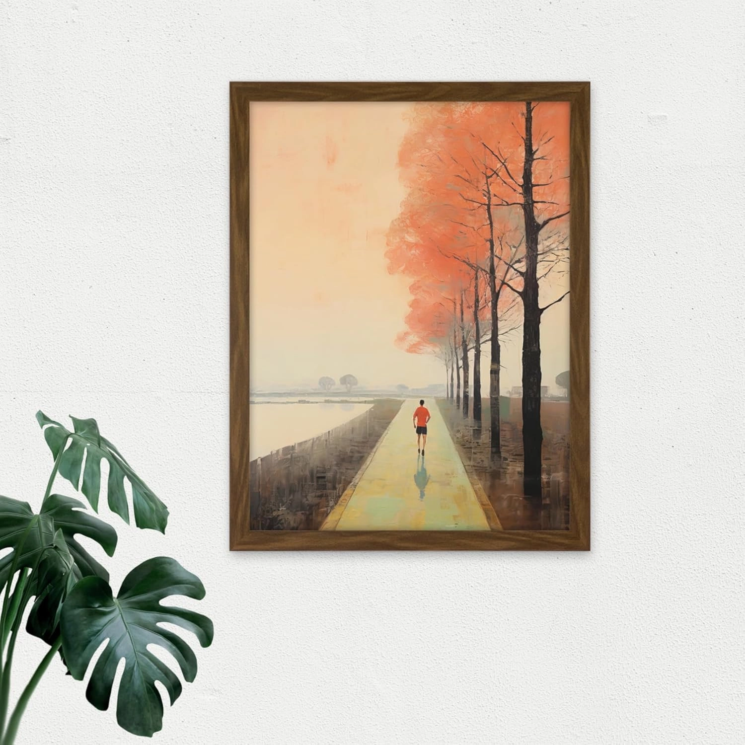 Artery8 Early Morning Jogging Pastel Colour Oil Painting Jogger on Lakeside Pink Tree Trail Countryside Landscape Artwork Framed Wall Art Print 18X24 Inch