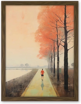 Artery8 Early Morning Jogging Pastel Colour Oil Painting Jogger on Lakeside Pink Tree Trail Countryside Landscape Artwork Framed Wall Art Print 18X24 Inch