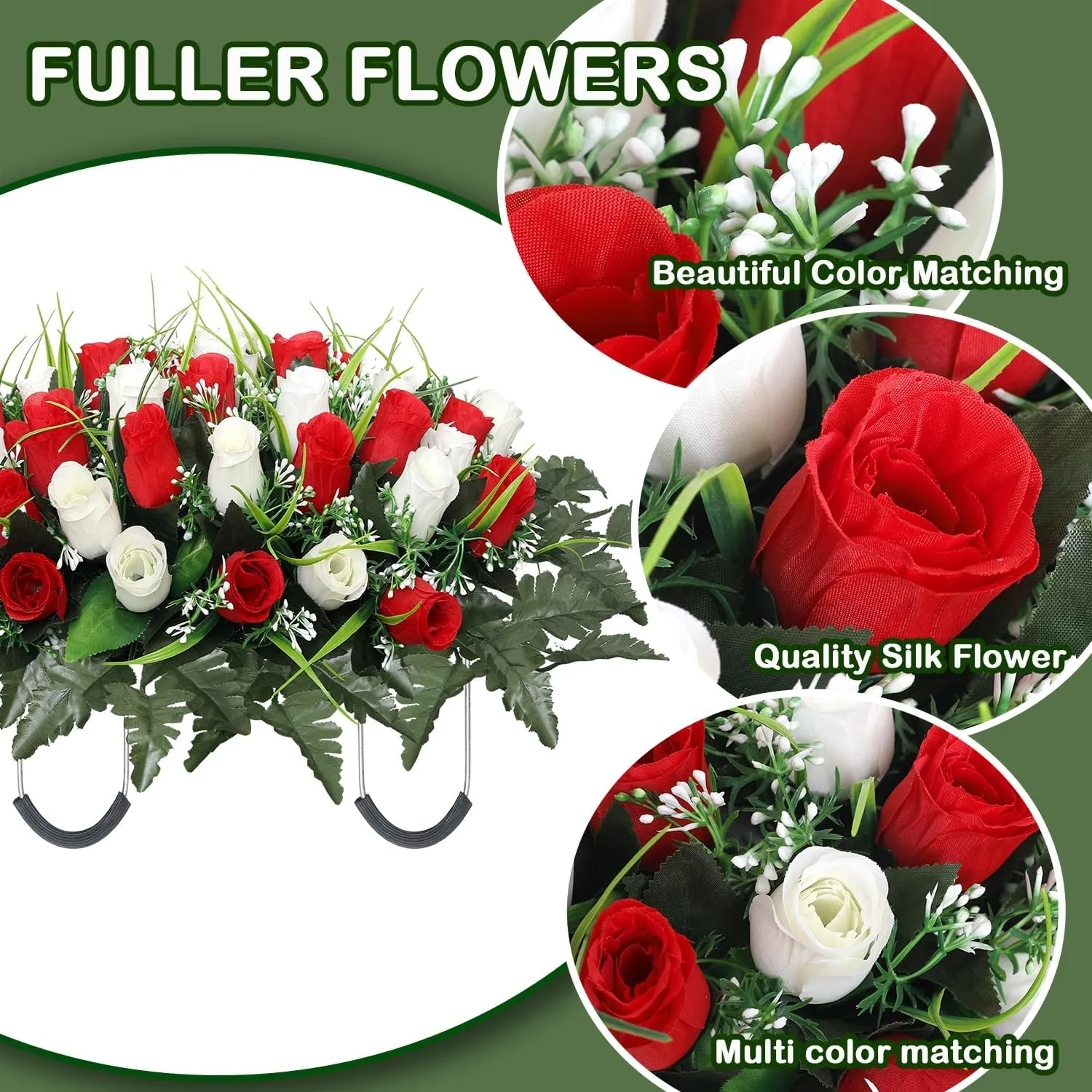 Artificial Cemetery Flower Headstone Flower Saddle Grave Rose Flowers for Cemetery Non-Bleed Colors Windpoof (Red)