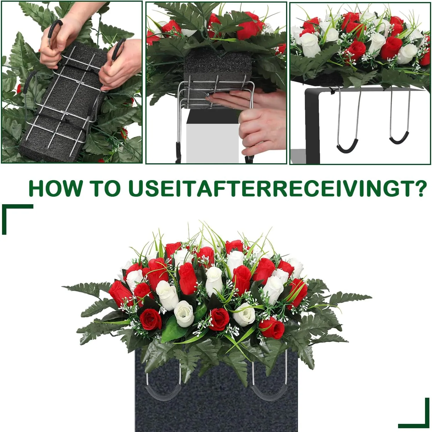 Artificial Cemetery Flower Headstone Flower Saddle Grave Rose Flowers for Cemetery Non-Bleed Colors Windpoof (Red)