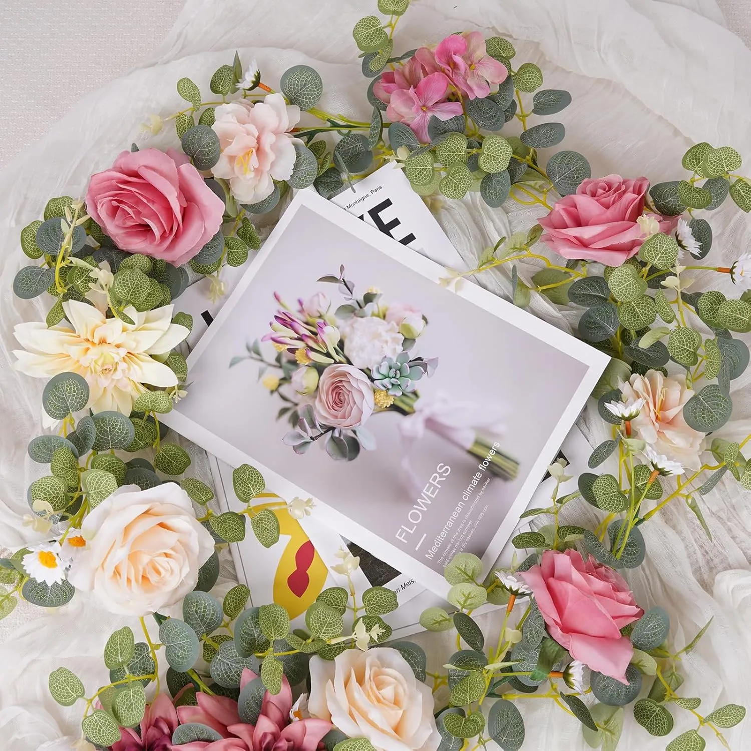 Artificial Pink Flower Garland Decor, 6.07Ft Dahlia Garland Eucalyptus Greenery Garland with Flowers Pink Flower Vines Rose Silk Floral for Wedding Table Centerpieces Garden Party Decor (1 Pack)