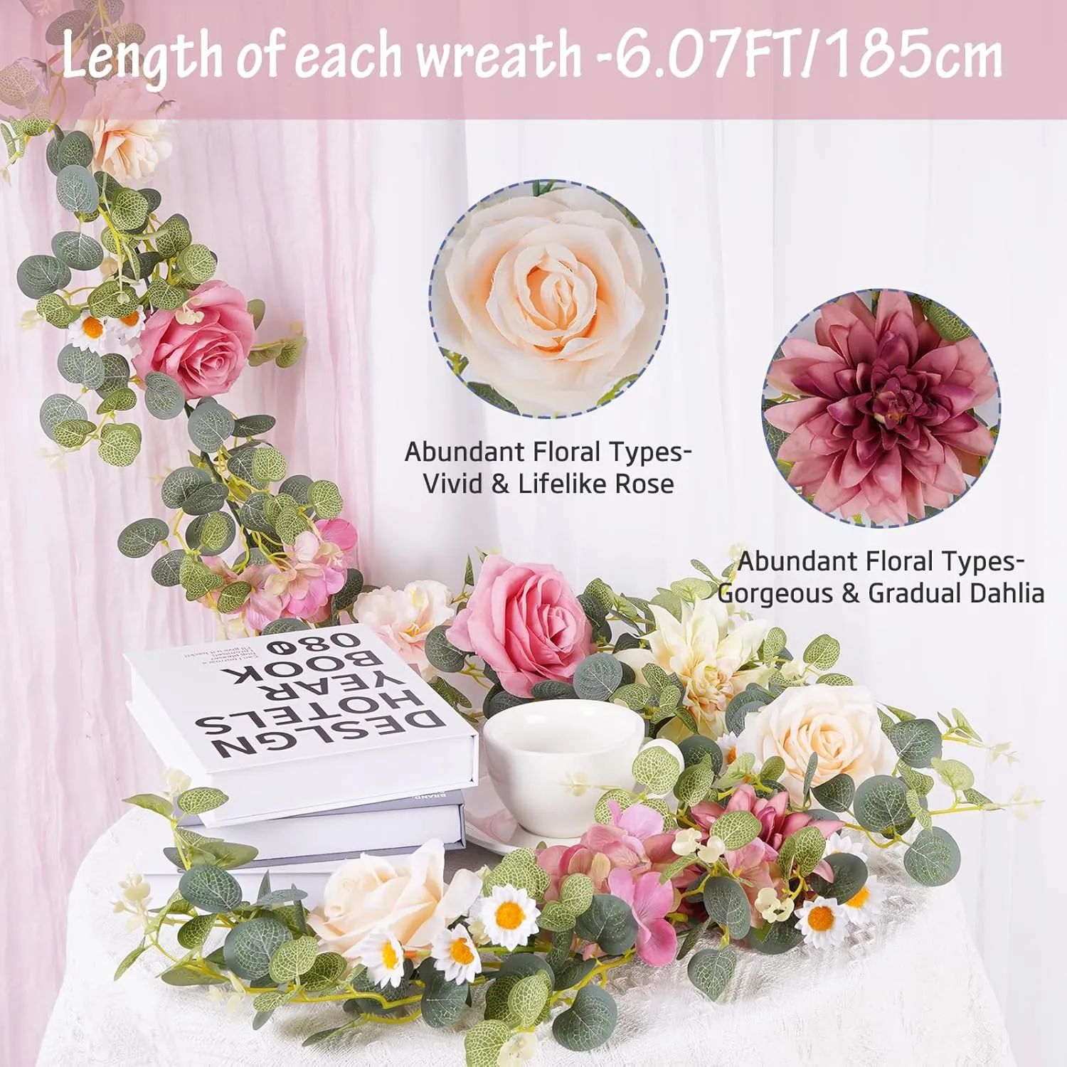 Artificial Pink Flower Garland Decor, 6.07Ft Dahlia Garland Eucalyptus Greenery Garland with Flowers Pink Flower Vines Rose Silk Floral for Wedding Table Centerpieces Garden Party Decor (1 Pack)