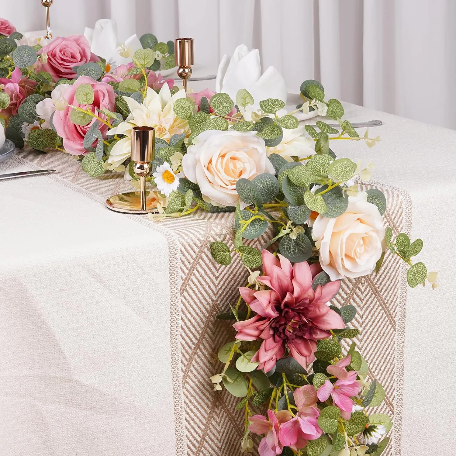 Artificial Pink Flower Garland Decor, 6.07Ft Dahlia Garland Eucalyptus Greenery Garland with Flowers Pink Flower Vines Rose Silk Floral for Wedding Table Centerpieces Garden Party Decor (1 Pack)