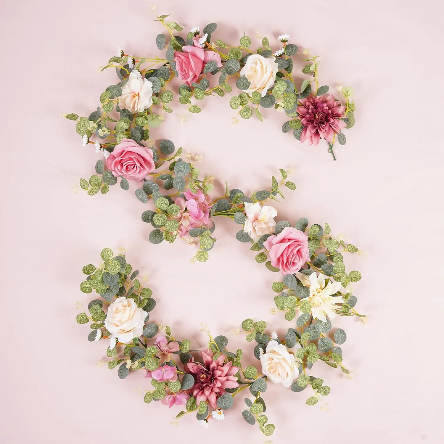 Artificial Pink Flower Garland Decor, 6.07Ft Dahlia Garland Eucalyptus Greenery Garland with Flowers Pink Flower Vines Rose Silk Floral for Wedding Table Centerpieces Garden Party Decor (1 Pack)