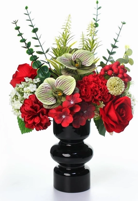 Artificial Flower in Black Glass vase, Red Roses, Carnations, Orchids, 11 x 11 x 16 inches (BGV-Red)