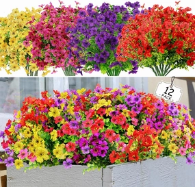 Artificial Flowers Outdoor UV Resistant, 12 Pack Mixed Color Spring Flowers for Planters and Decoration