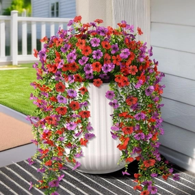 Artificial Hanging Flowers for Outdoors, 2 Pcs Fake Hanging Plant Spring Summer Decor, UV Resistant No Fade Faux Flower for Front Door Porch Planter Patio Yard Garden(Red Purple)