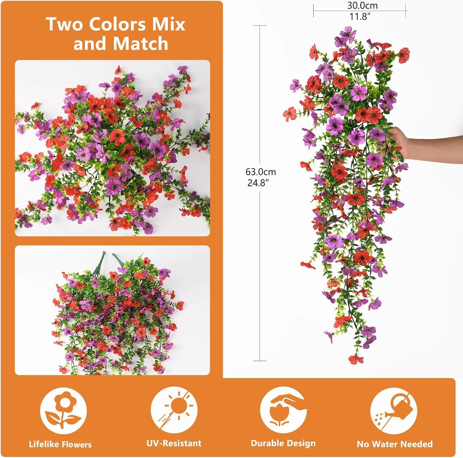 Artificial Hanging Flowers for Outdoors, 2 Pcs Fake Hanging Plant Spring Summer Decor, UV Resistant No Fade Faux Flower for Front Door Porch Planter Patio Yard Garden(Red Purple)
