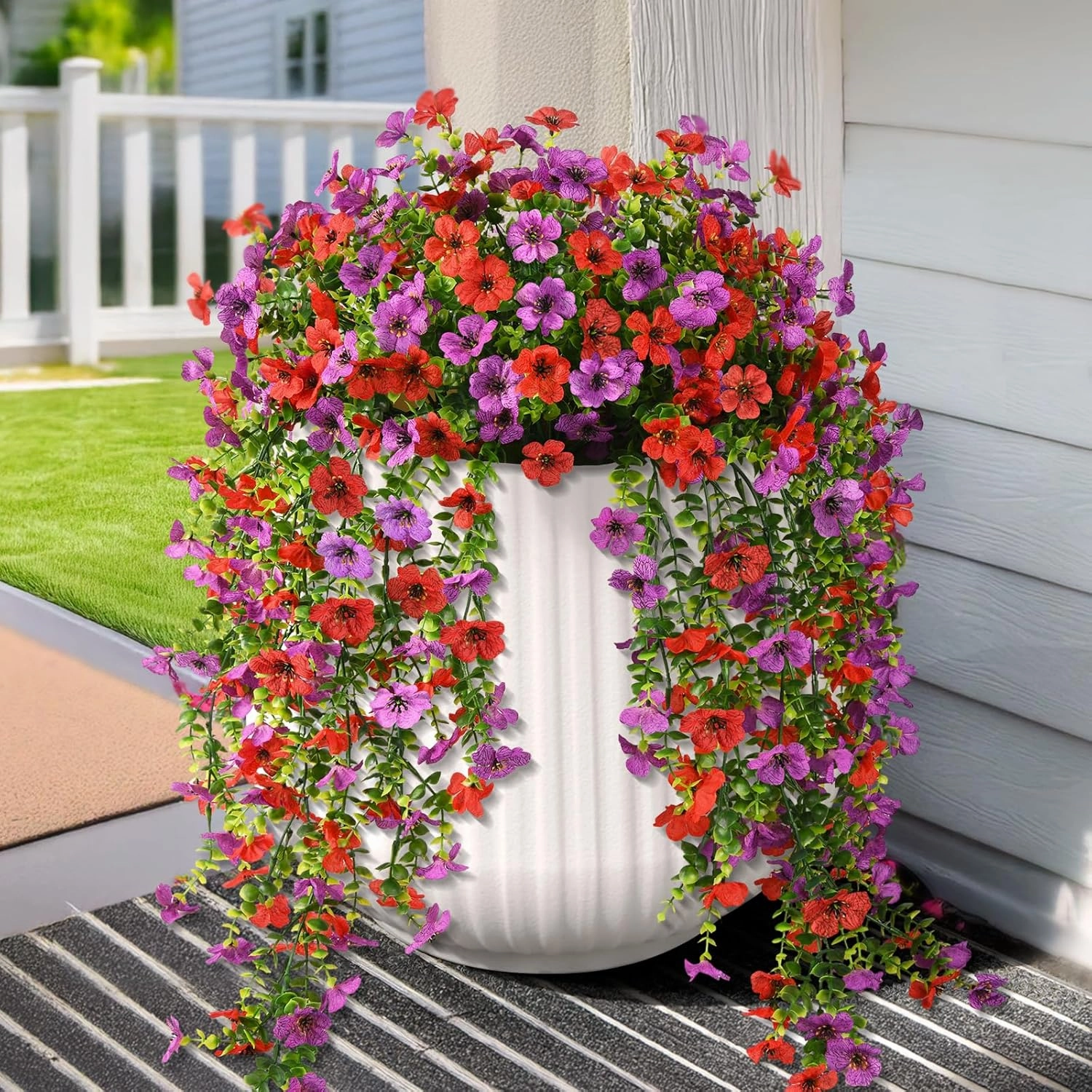Artificial Hanging Flowers for Outdoors, 2 Pcs Fake Hanging Plant Spring Summer Decor, UV Resistant No Fade Faux Flower for Front Door Porch Planter Patio Yard Garden(Red Purple)