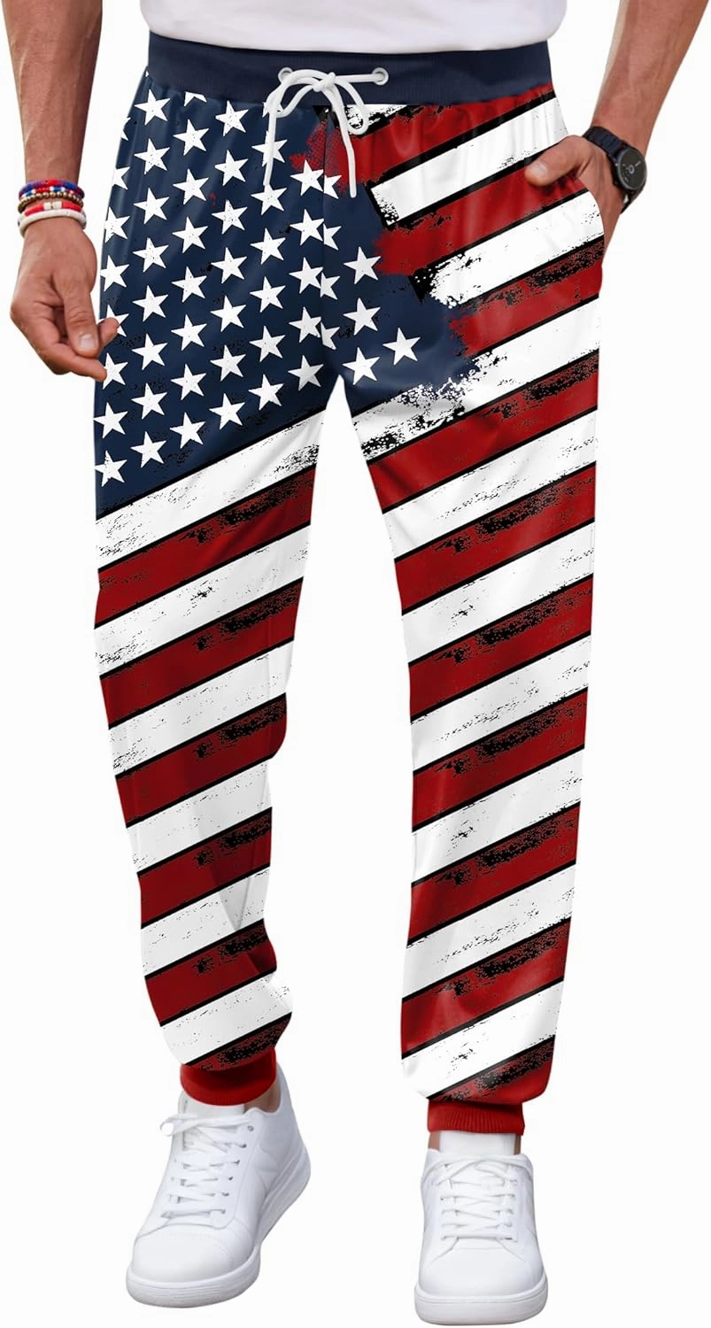 Arvilhill Men's 4th of July Drawstring Pants 1776 Joggers Patriotic American Flag Sweatpants (S-3XL)