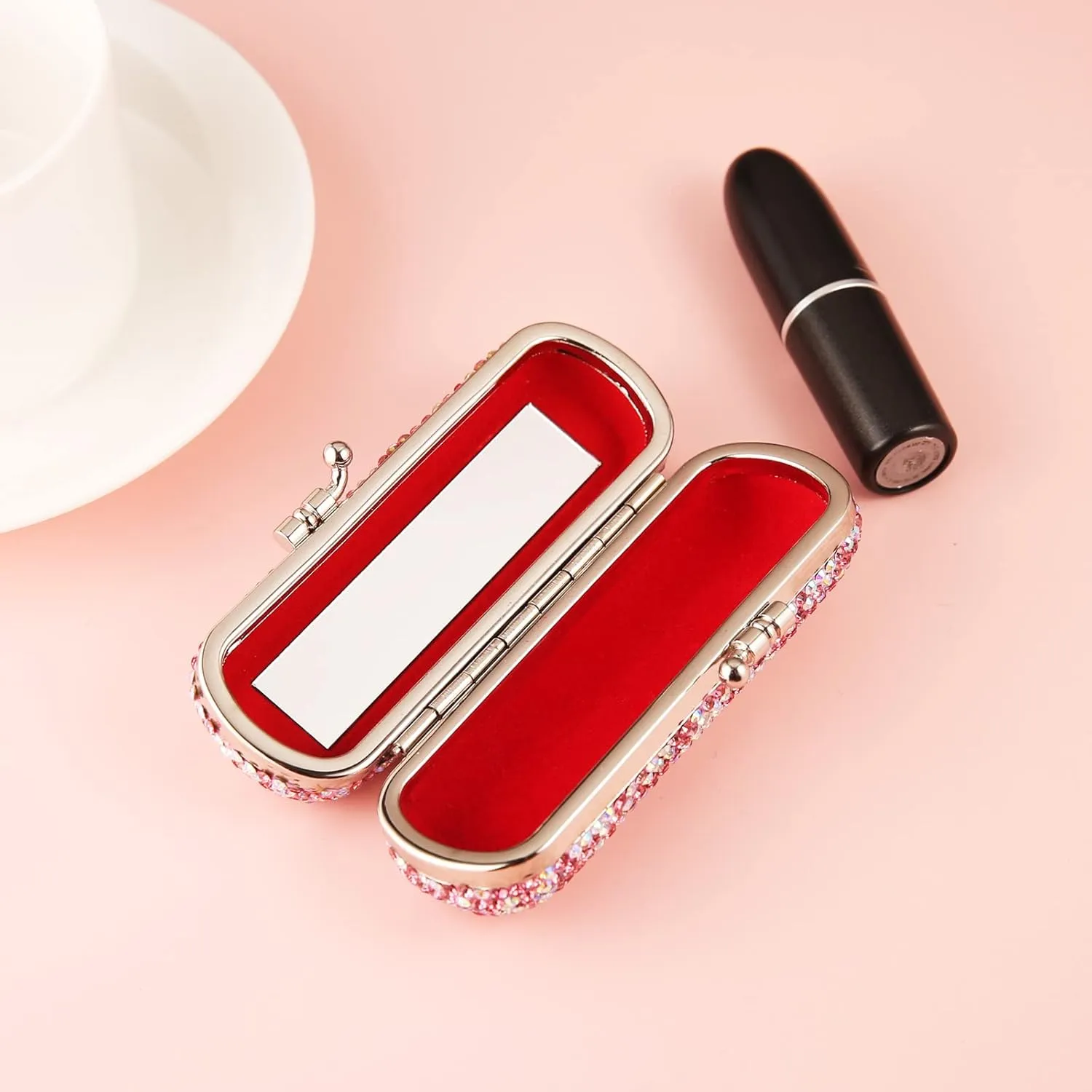 AsAlways Shiny Rhinestone Crystal Portable Lipstick Case with Mirror Portable Bling Diamonds Makeup Cosmetic Storage Holder for Travel Ladies Fashion