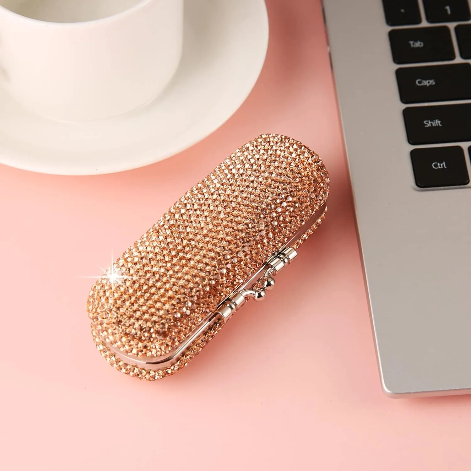 AsAlways Shiny Rhinestone Crystal Portable Lipstick Case with Mirror Portable Bling Diamonds Makeup Cosmetic Storage Holder for Travel Ladies Fashion