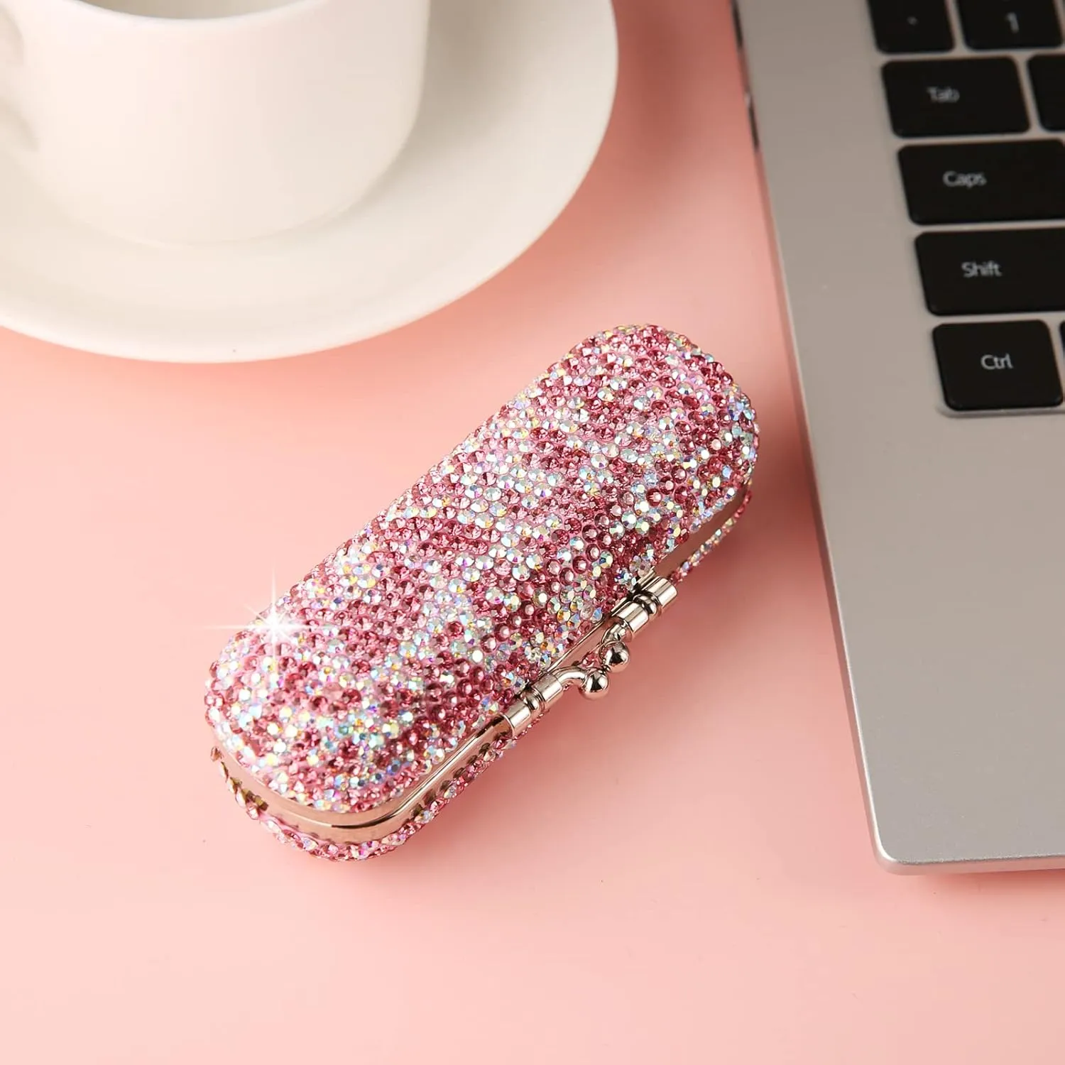 AsAlways Shiny Rhinestone Crystal Portable Lipstick Case with Mirror Portable Bling Diamonds Makeup Cosmetic Storage Holder for Travel Ladies Fashion
