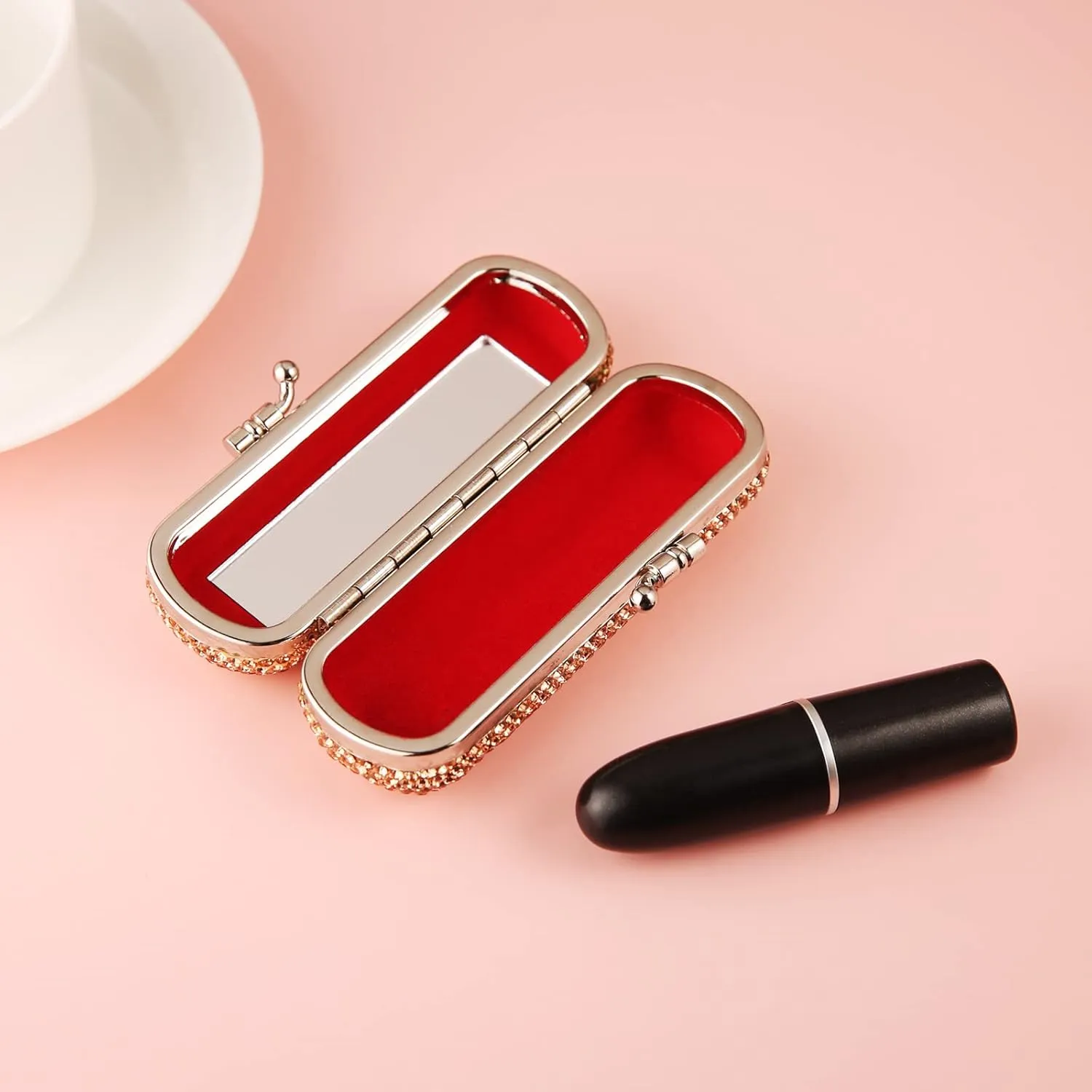 AsAlways Shiny Rhinestone Crystal Portable Lipstick Case with Mirror Portable Bling Diamonds Makeup Cosmetic Storage Holder for Travel Ladies Fashion