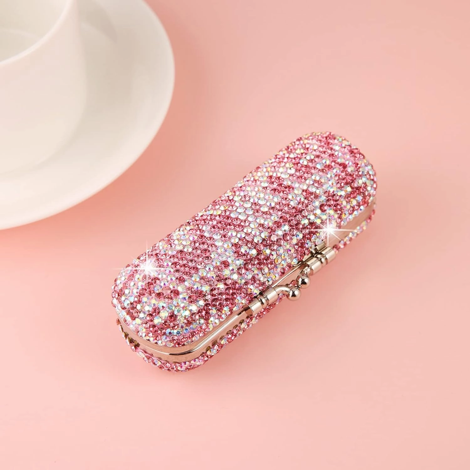 AsAlways Shiny Rhinestone Crystal Portable Lipstick Case with Mirror Portable Bling Diamonds Makeup Cosmetic Storage Holder for Travel Ladies Fashion
