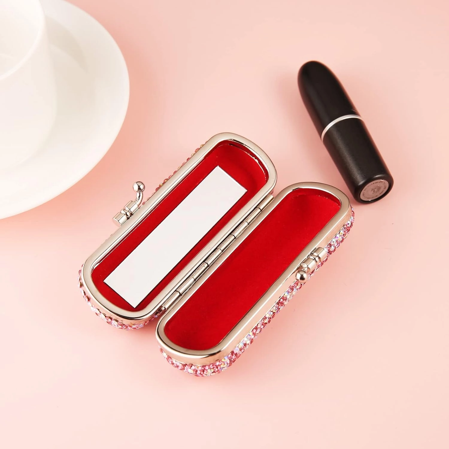AsAlways Shiny Rhinestone Crystal Portable Lipstick Case with Mirror Portable Bling Diamonds Makeup Cosmetic Storage Holder for Travel Ladies Fashion